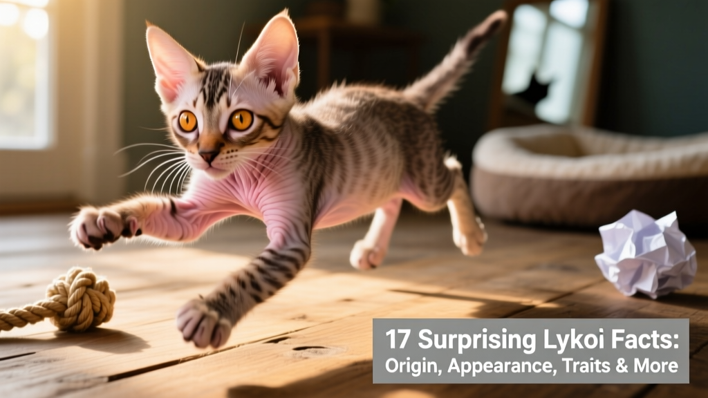 A playful Lykoi kitten mid-pounce, showing its muscular build, expressive eyes, and characteristic partial hairlessness around the muzzle