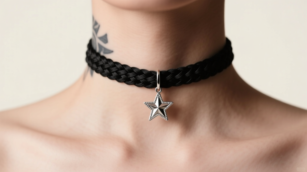 Close-up of a neck wearing a black woven nylon tattoo choker with a silver star pendant under soft studio lighting.