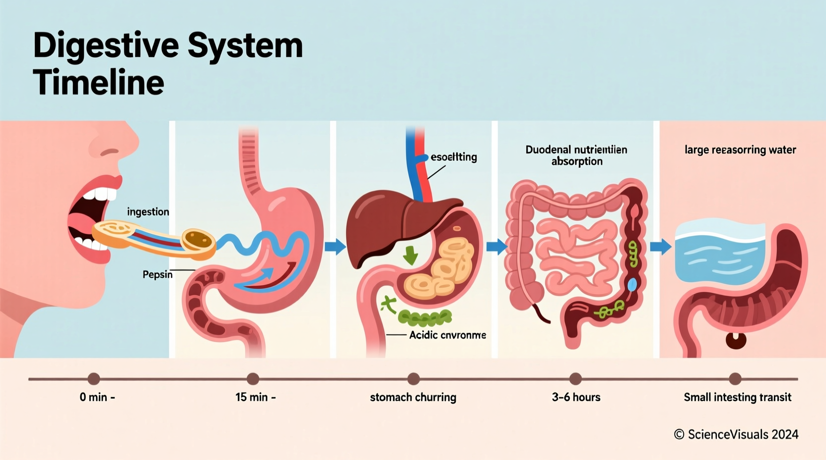 Digestive system timeline showing food movement through gastrointestinal tract
