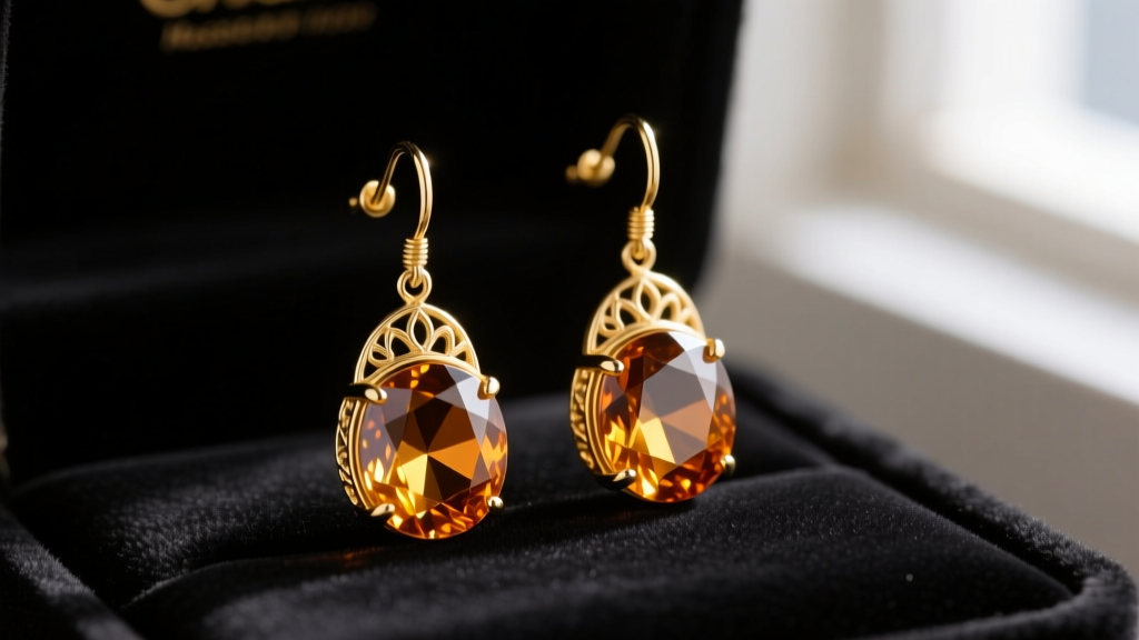 Close-up of vintage-inspired 14k yellow gold drop earrings featuring faceted brandy quartz gemstones resting on dark velvet.