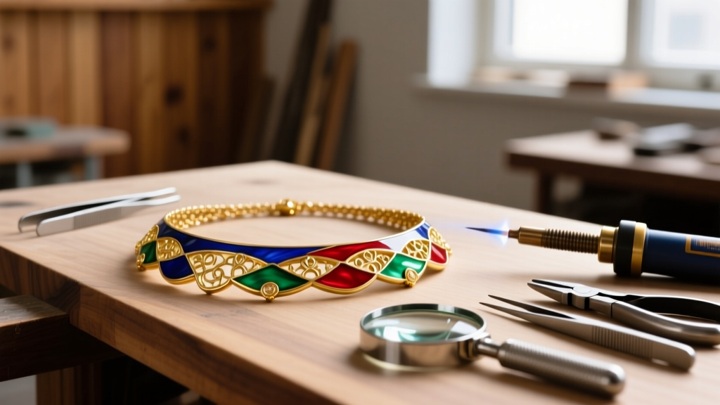 18k gold and vitreous enamel artistry necklace resting on a workbench beside specialized soldering tools and a steel jeweler loupe