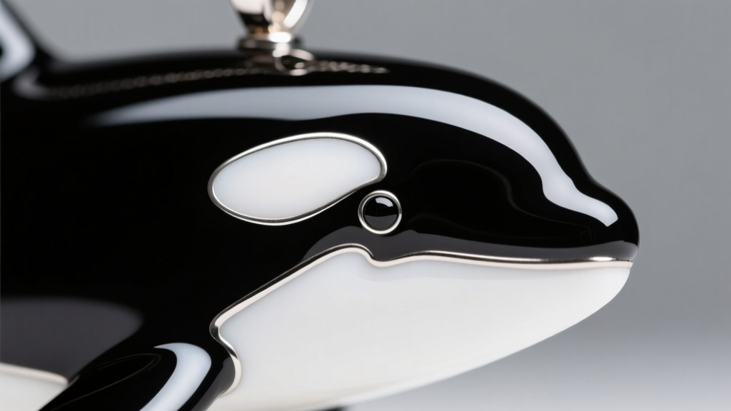 Macro shot of a vitreous enamel black and white orca pendant showing the glass-like finish and crisp silver dividing lines