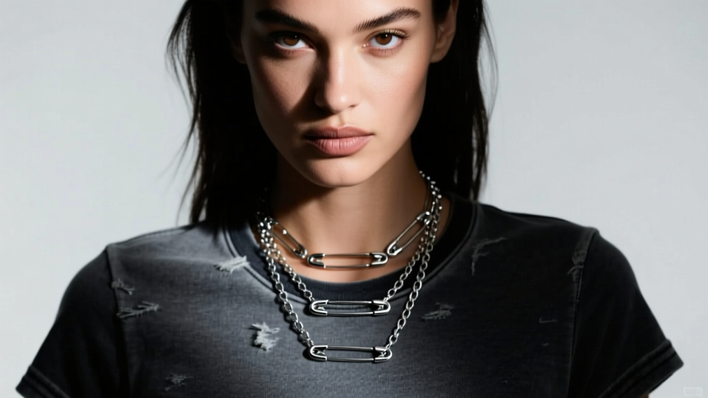 Model wearing a layered safety pin necklace silver chain over a dark vintage band tee, lit by moody, directional studio lighting.