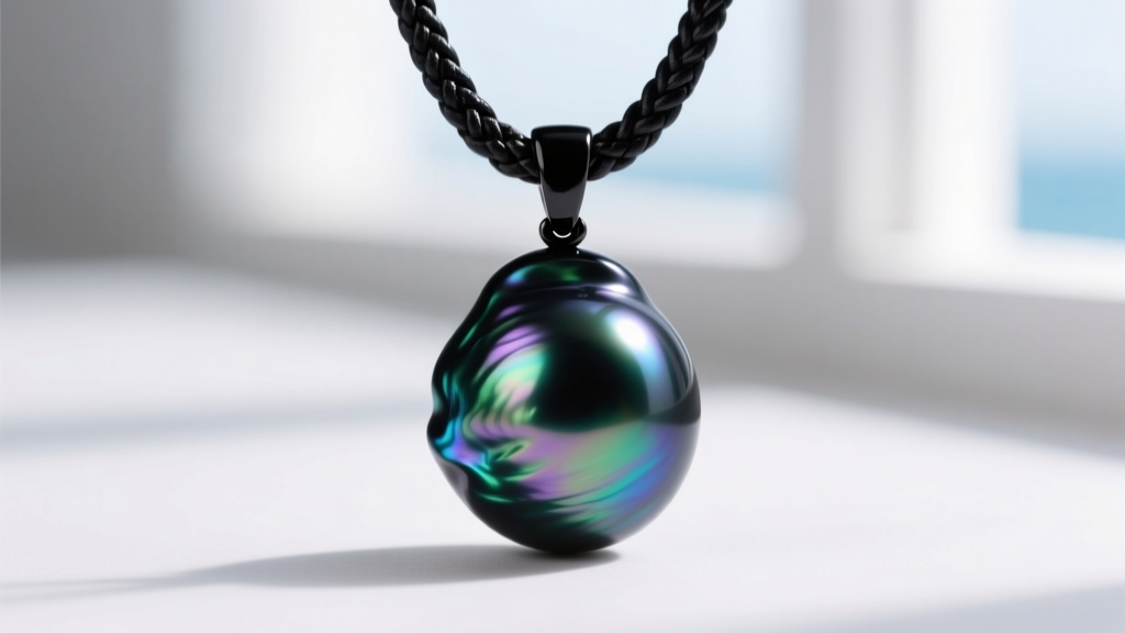 Macro shot of a single baroque Tahitian black pearl pendant with peacock overtones suspended on a braided black leather cord.
