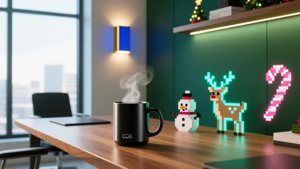 A modern home office desk featuring subtle festive smart lighting, a sleek heated mug, and pixel art holiday decor in 2026