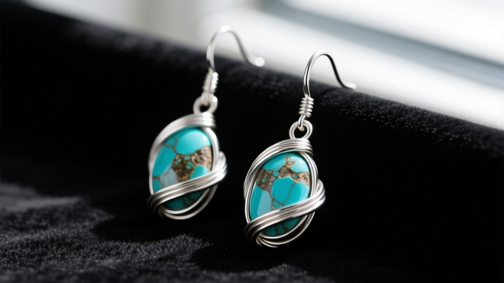Close-up of handcrafted sterling silver drop earrings with raw turquoise stones and wire-wrapping resting on dark velvet