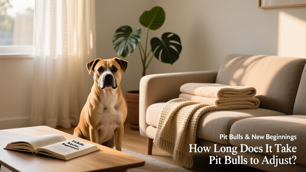 A calm Pit Bull sitting beside a cozy corner of a living room with soft lighting and a folded blanket nearby