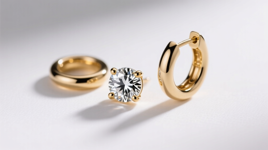 Close-up of a three-piece lobe earring stack featuring a diamond stud, small gold hoop, and huggie under soft studio lighting