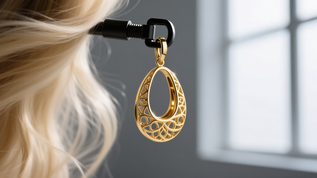 Heavy 18k gold drop earring secured by a matte black titanium 35 PSI tension clutch, contrasting against flowing icy blonde hair