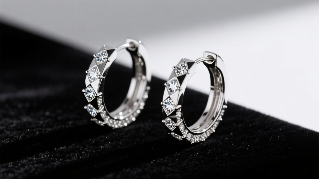 Macro shot of Milor Italy sterling silver diamond-cut hoop earrings on dark velvet, showing faceted reflections and milgrain details.
