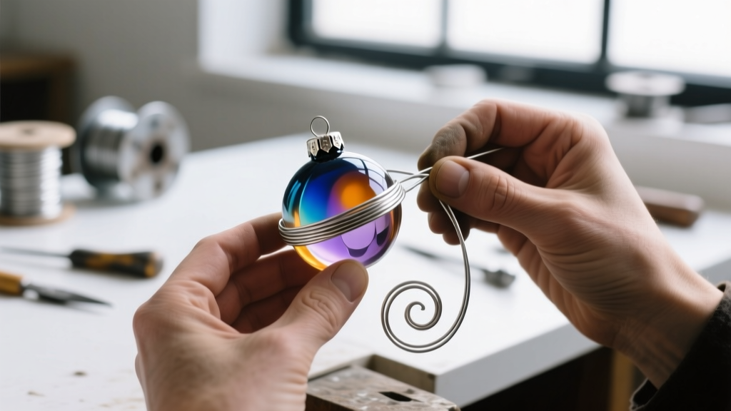 Close-up of jeweler using 22-gauge Argentium wire to wrap a fragile French pâte de verre bauble for an upcycled vintage ring
