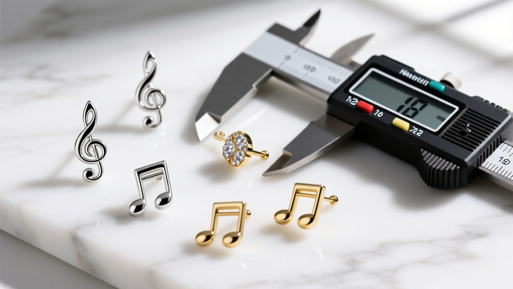 Flat lay of sterling silver and gold music note studs with a digital caliper measuring the 18-gauge post thickness on marble.
