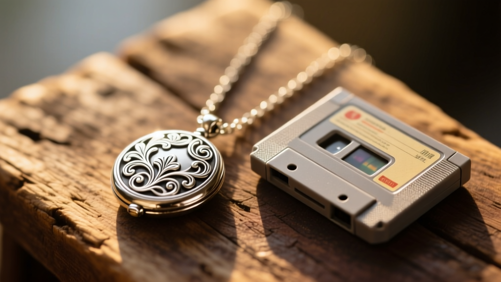 Ornate silver locket necklace with floral engravings on rustic wood beside a retro game cartridge in warm morning light.