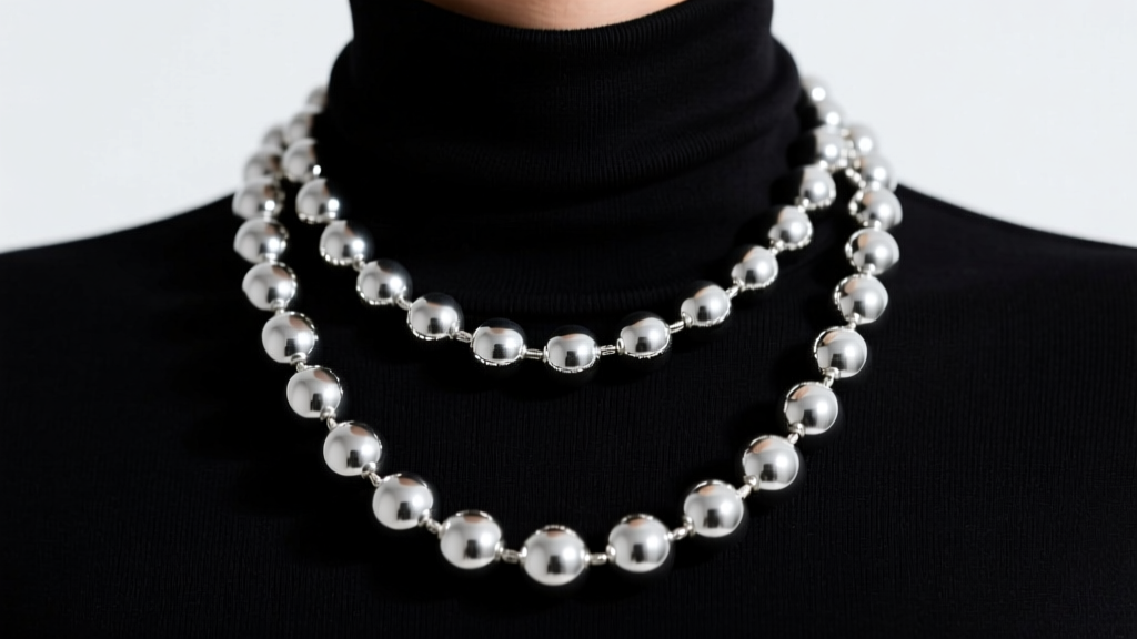 Model wearing 8mm and 14mm silver giant ball chain necklaces over a dark turtleneck, showing heavy proportional jewelry styling