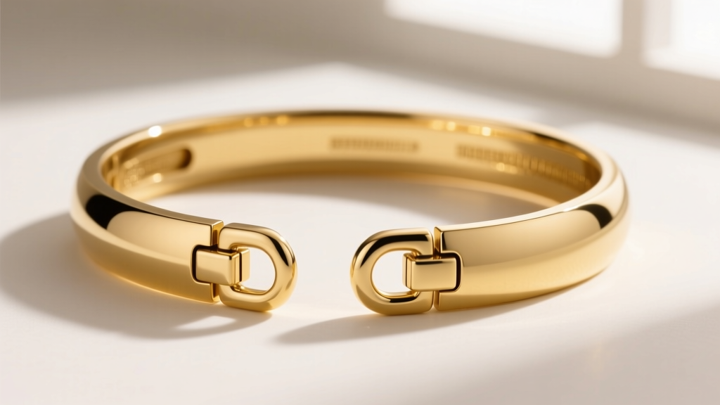 Side profile of an 18k yellow gold hinged bangle, focusing on the seamless hidden box clasp and dual figure-eight safety catches