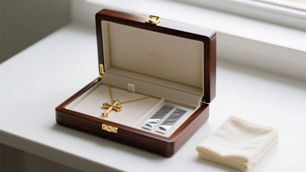 Lined mahogany jewelry box showing a gold double cross necklace laid flat, beside anti-tarnish strips and microfiber.