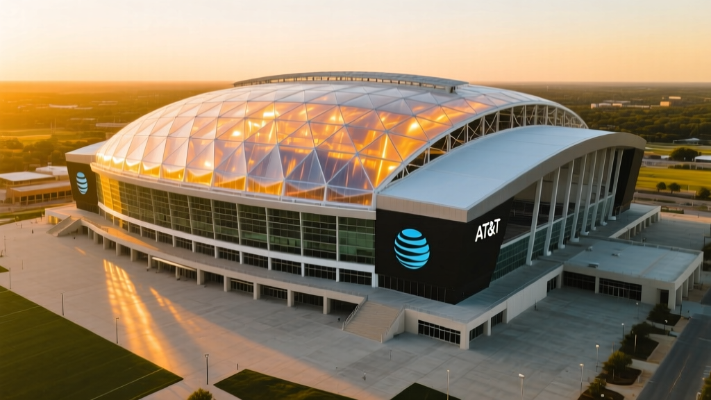 Aerial view of AT&T Stadium in Arlington Texas showing the massive ETFE roof and surrounding concrete plaza during golden hour