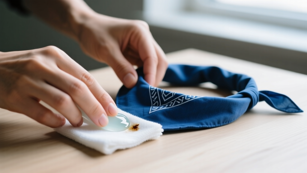 Hands gently spot-cleaning the fabric section of a blue bandana choker with a mild soap solution and a soft microfiber cloth.