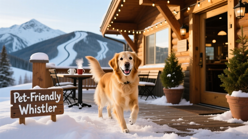 A happy dog standing in the snow outside a cozy Whistler restaurant patio