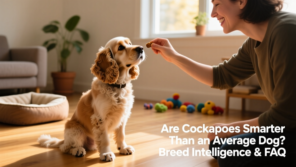 A calm, focused Cockapoo making eye contact with its owner during a training session