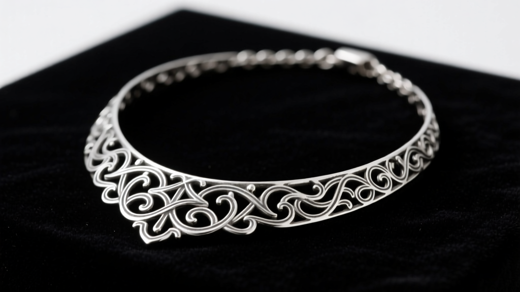 Sterling silver bib necklace on dark velvet, highlighting oxidized filigree details, heavy tarnish, and soft studio lighting