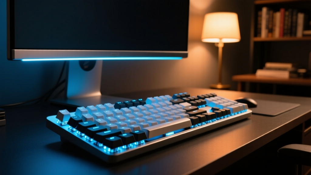 Asymmetric LED monitor light bar illuminating a mechanical keyboard without casting screen glare in a dark home office