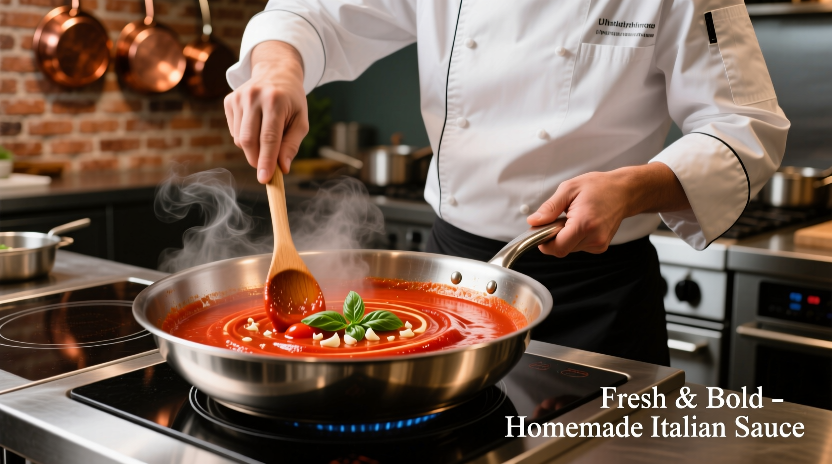 Chef stirring vibrant red tomato sauce in stainless steel pan
