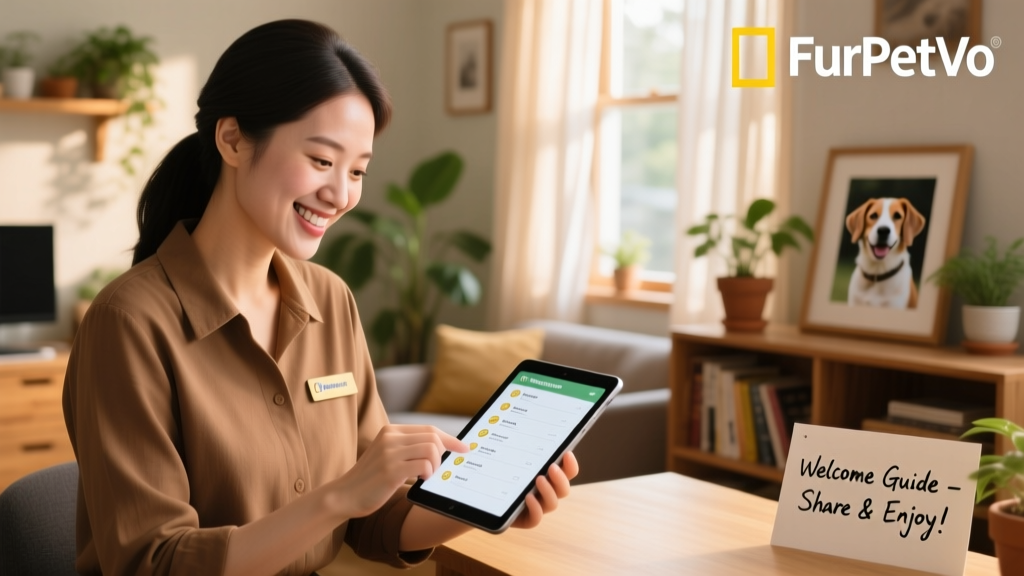 Friendly FurPetVo support agent smiling while reviewing a pet care checklist on a tablet
