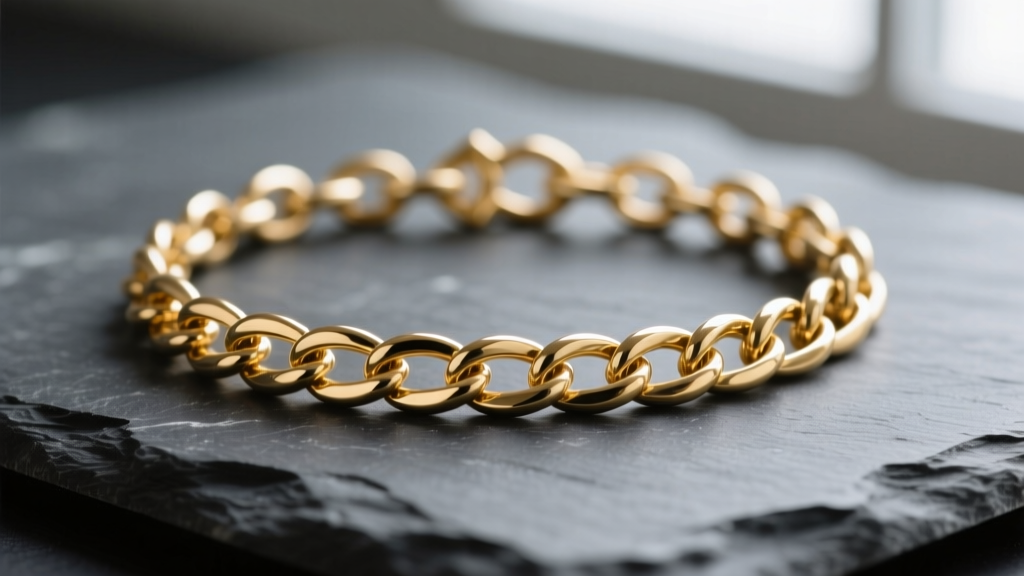 Macro shot of 14k gold fish bone chain on dark slate, showing flat woven links and a visible kink in the metal necklace.