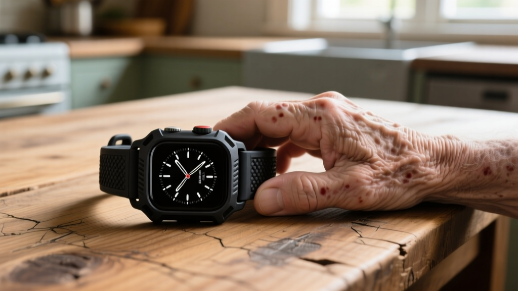 Rugged Mavi Guardian 3 smartwatch with thick TPU bumper on an elderly wrist resting on a scratched wooden kitchen table