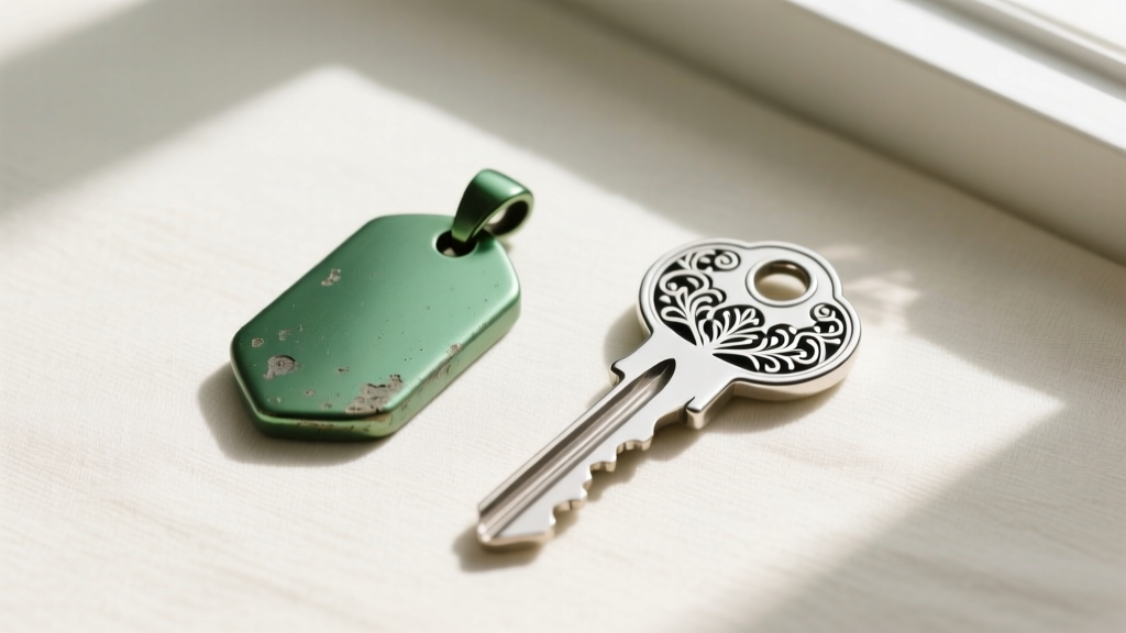 Flat lay comparing a cheap green-tinted alloy key pendant next to a high-quality sterling silver Coraline key with crisp details