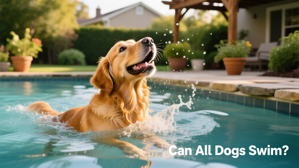 A golden retriever happily swimming in a clear backyard pool