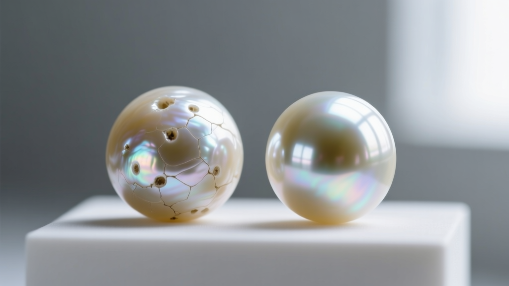 Macro photography comparing a blemished freshwater pearl and a flawless round South Sea pearl, highlighting surface quality