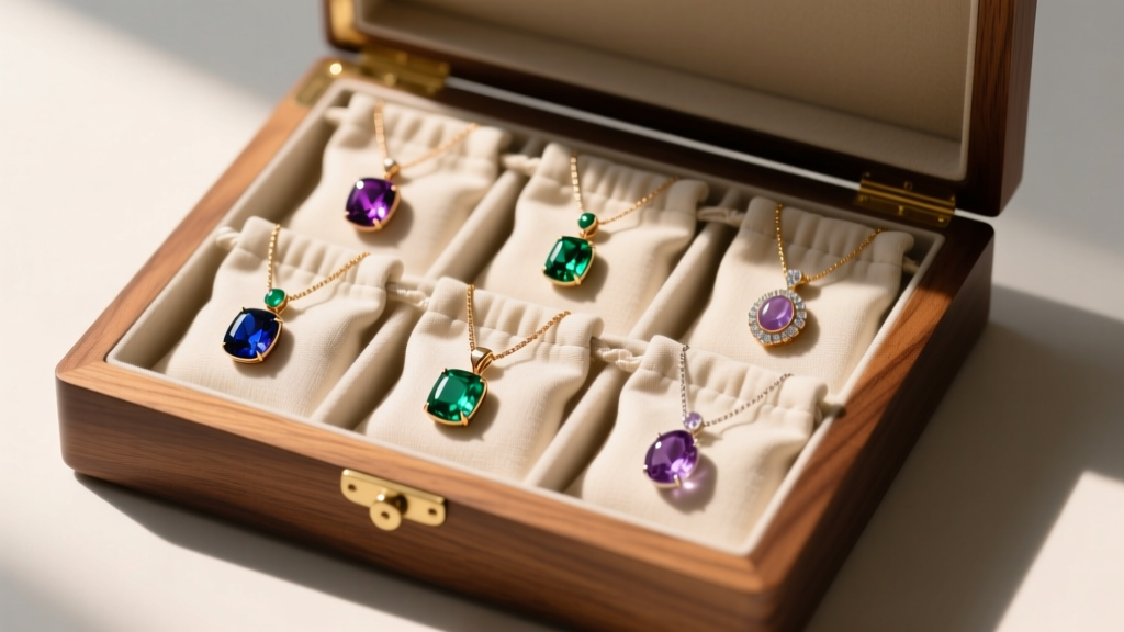 Wooden jewelry box displaying anti-tarnish cloth pouches holding gemstone pendant necklaces, bathed in soft warm directional light