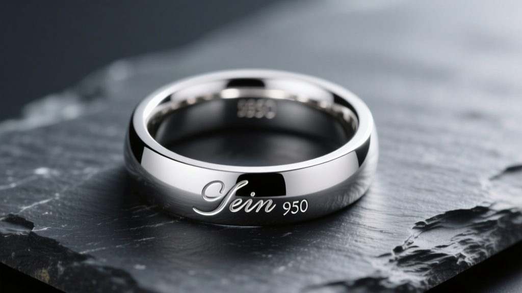 Close-up of a polished platinum wedding band on dark slate, softly lit to highlight the inner shank engraving and purity stamp.