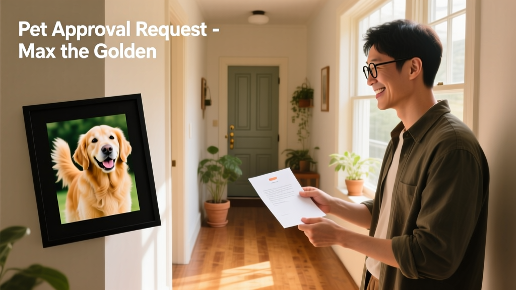 A person handing a neatly printed letter and a photo of their smiling dog to a smiling landlord in a sunlit apartment hallway