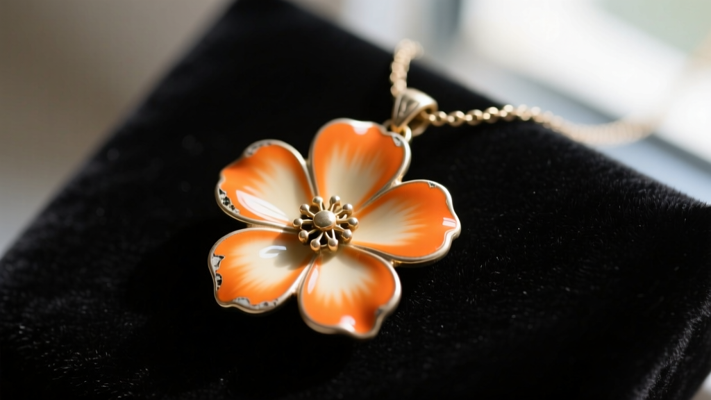 Macro shot of a vintage orange enamel flower necklace pendant on dark velvet, showing slight UV fading on the outer petal edges.