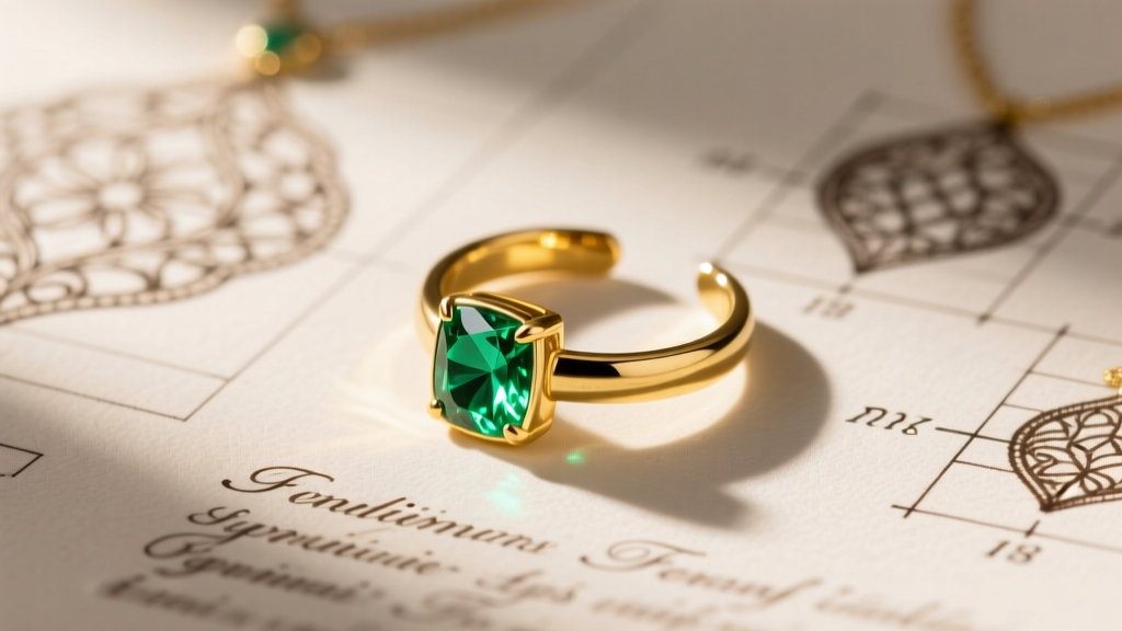 Macro shot of a 14k yellow gold ear cuff with a small emerald, resting on a Spanish-language jewelry crafting blueprint paper