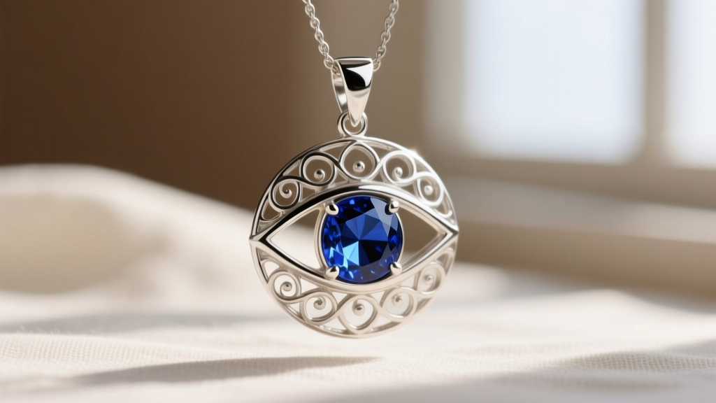Macro photography of a sterling silver evil eye pendant with a blue sapphire center, shown against a blurred linen background