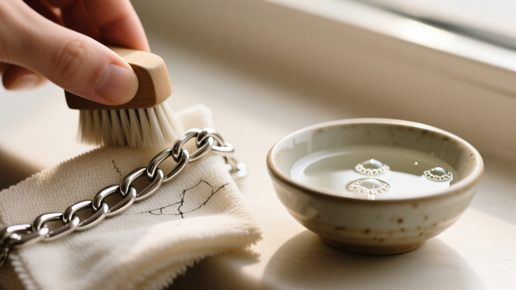 A microfiber cloth gently buffing a tarnished sterling silver chain link, beside a small bowl of mild soapy water in soft lighting.