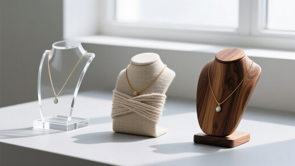Acrylic, linen, and walnut wood necklace stands side-by-side, showing surface textures and edge finishes in bright daylight.