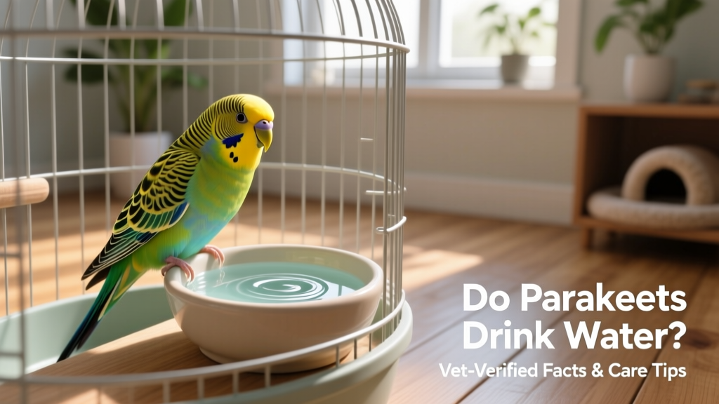 A healthy parakeet perched beside a clean, shallow water dish in its cage