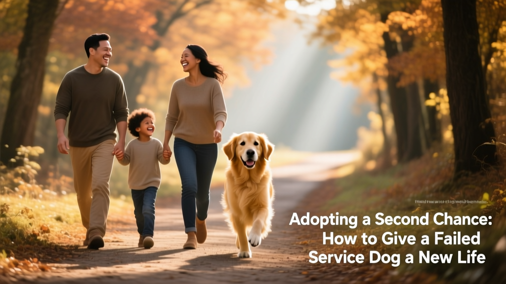 A happy family walking together on a tree-lined path, with a gentle Golden Retriever trotting confidently beside them