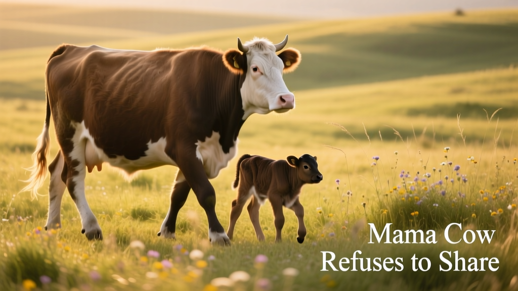 Phoenix walking slowly with her calf beside her, both looking relaxed but alert, grassy field stretching behind them