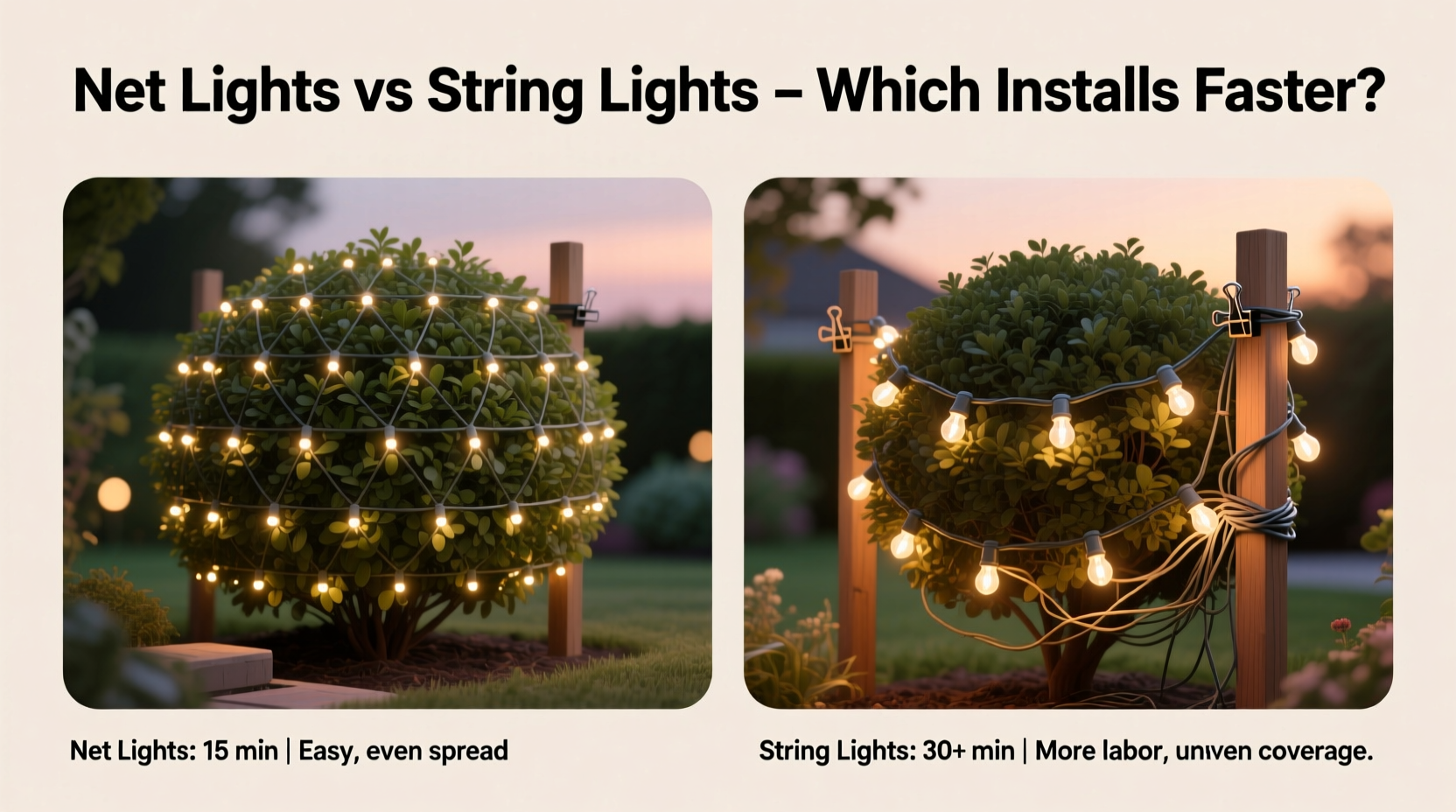 net lights vs string lights for bushes which installs quicker