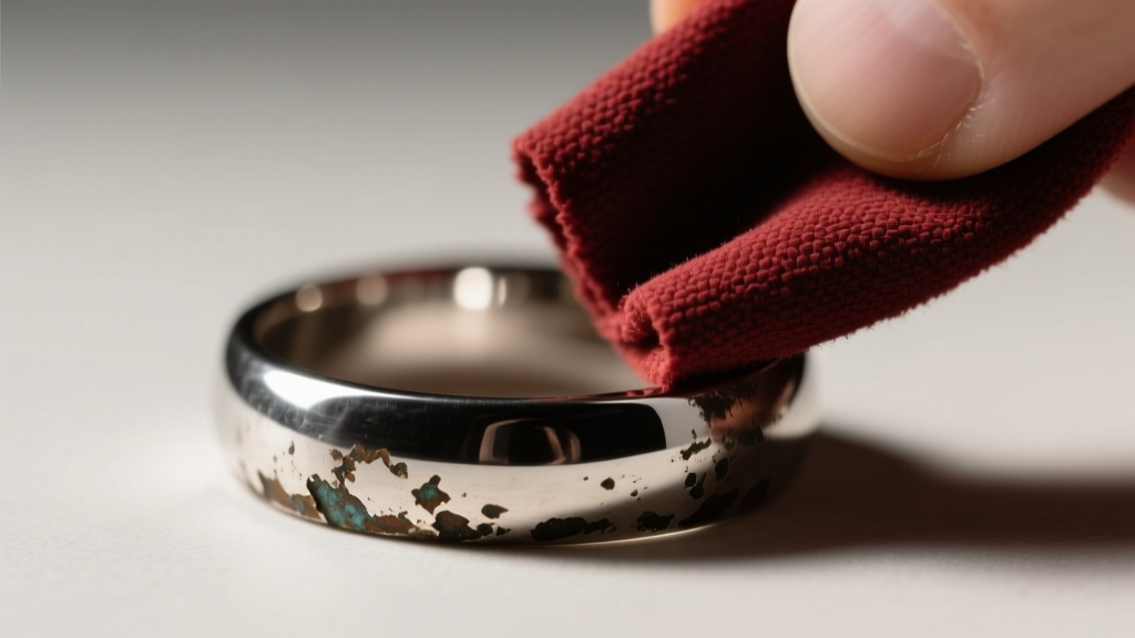 Oxidized silver ring being wiped with a treated rouge cloth, showing contrast between dark crevices and bright polished edges