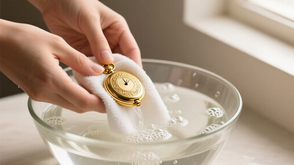 Hands gently washing a gold-plated vintage locket in a glass bowl of lukewarm soapy water, using a soft microfiber cloth to dry.