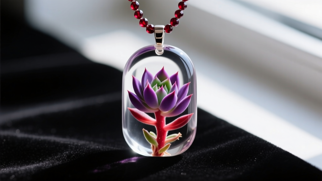 Clear resin pendant encasing a dried Othonna capensis ruby necklace succulent with vibrant purple-red stems on dark velvet
