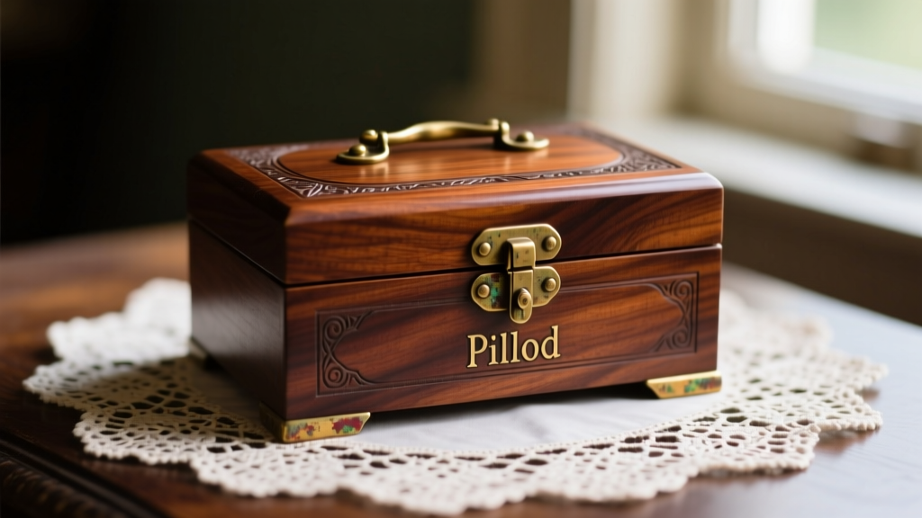 Vintage mahogany Pilliod jewelry box from Swanton Ohio on a lace doily, showing aged brass hinges and rich, polished wood grain.