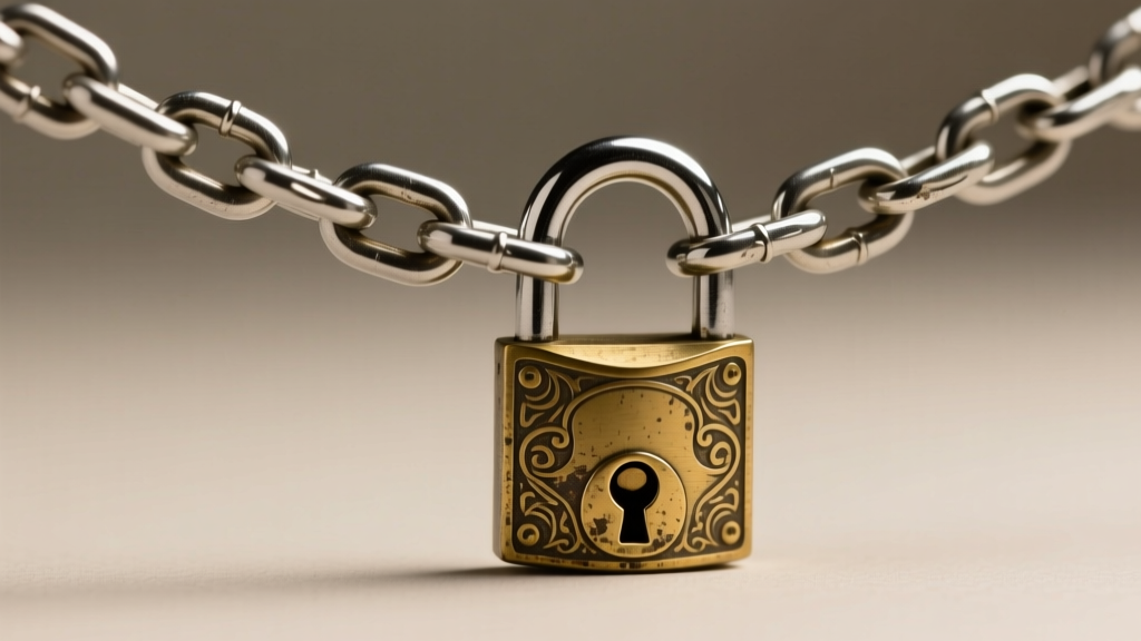 Macro shot of a sturdy stainless steel figaro chain attached to a vintage brass padlock clasp, showing intricate link details